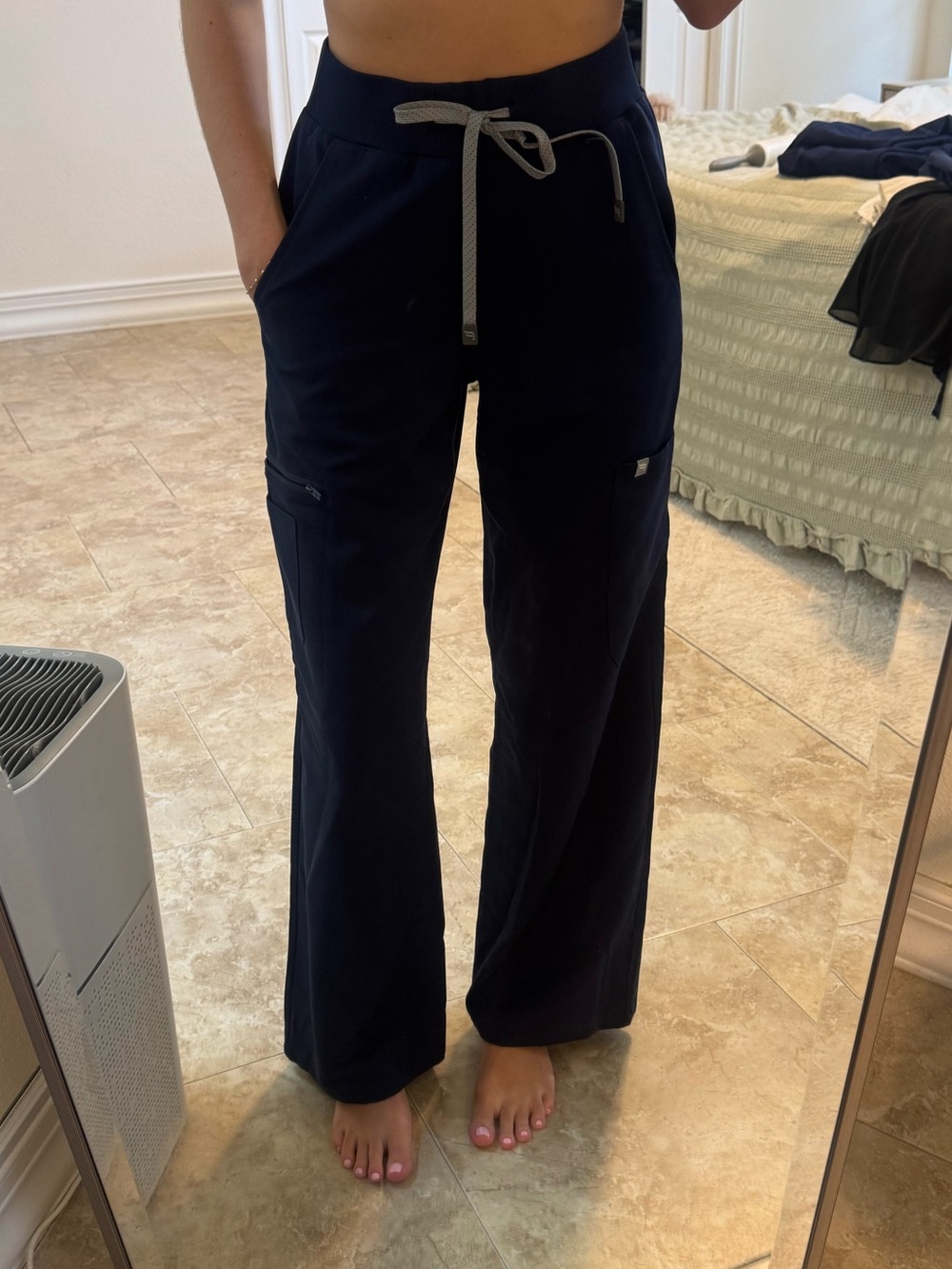 Navy fabletics scrub pants, wide leg